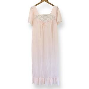 Vintage 70s Lady Ronte Maxi Nightgown Womens XL Light Pink Nylon Lace Made USA